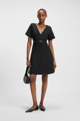 V-neck dress with removable shoulder pads, Black