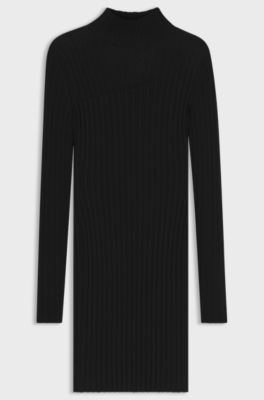 Ribbed crepe bodycon dress with sheer and solid effects, Black