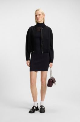 Geripptes Bodycon-Kleid aus Krepp mit transparenten und unifarbenen Akzenten, Schwarz