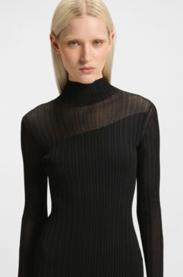 Ribbad bodycon-kl&auml;nning i crepe med skira detaljer, Svart