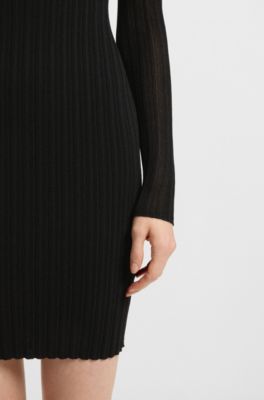 Ribbed crepe bodycon dress with sheer and solid effects, Black