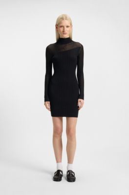 Geripptes Bodycon-Kleid aus Krepp mit transparenten und unifarbenen Akzenten, Schwarz