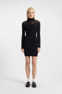 Ribbed crepe bodycon dress with sheer and solid effects, Black