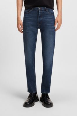 Jeans con fit affusolato in denim elasticizzato blu, Blu scuro