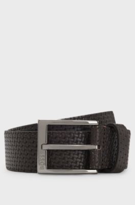 Leather belt with woven effect, Dark Brown