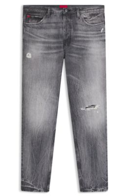 Tapered-fit jeans in grey distressed denim, Grey