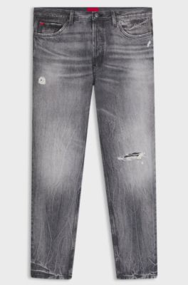 Tapered-fit jeans in grey distressed denim, Grey
