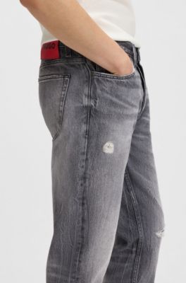 Tapered-fit jeans in grey distressed denim, Grey