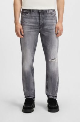 Tapered-fit jeans in grey distressed denim, Grey