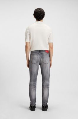 Tapered-fit jeans in grey distressed denim, Grey