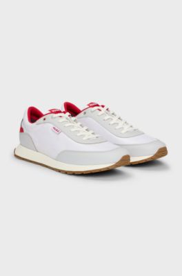 Mixed-material trainers with logo flag, White