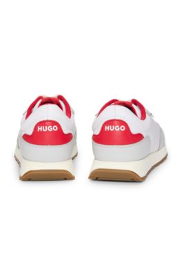 Mixed-material trainers with logo flag, White