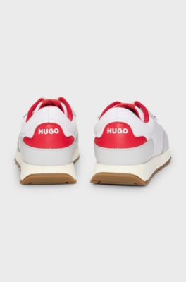 Mixed-material trainers with logo flag, White