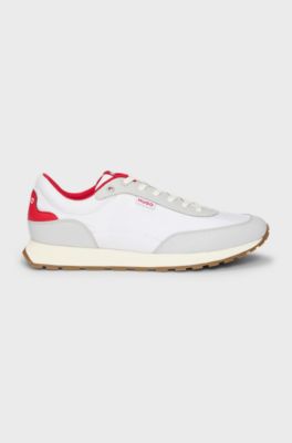 Mixed-material trainers with logo flag, White