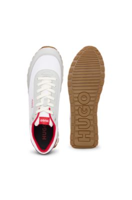 Mixed-material trainers with logo flag, White