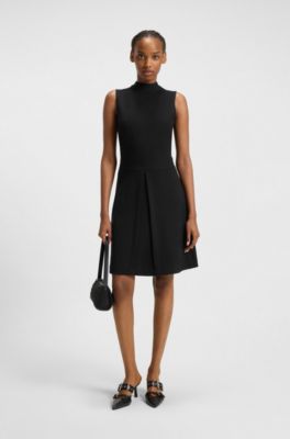 Sleeveless jersey dress with pleated skirt, Black