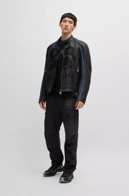 HUGO x RB slim-fit leather jacket with mesh logo