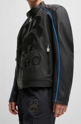 HUGO - HUGO x RB slim-fit leather jacket with mesh logo - Black