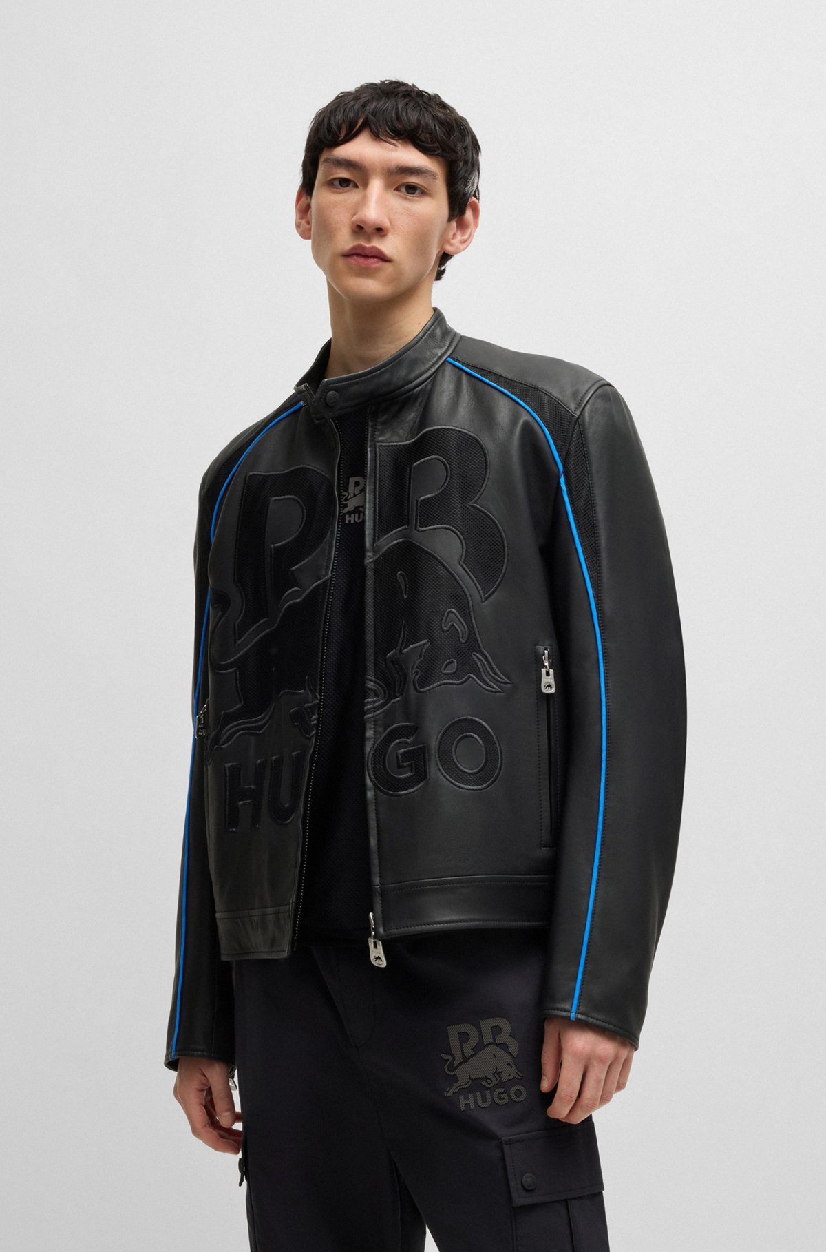 HUGO - HUGO x RB slim-fit leather jacket with mesh logo - Black HUGO - HUGO x RB slim-fit leather jacket with mesh logo - Black