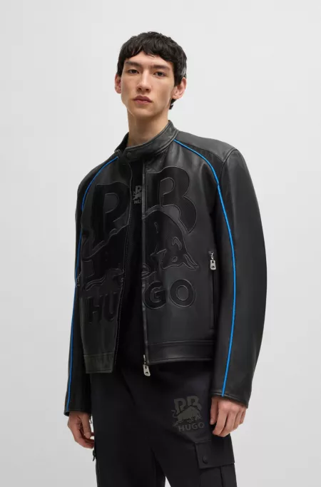 HUGO x RB slim-fit leather jacket with mesh logo