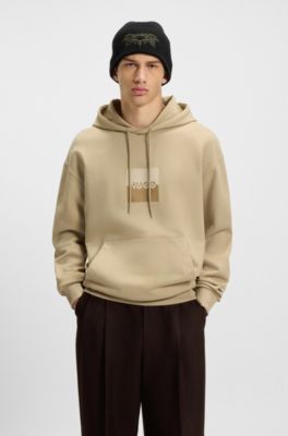Relaxed-fit hoodie in cotton terry with split logo, Beige