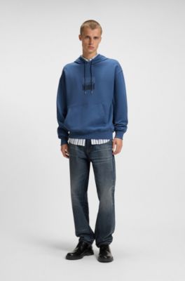 Relaxed-fit hoodie in cotton terry with split logo, Blue