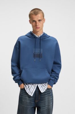 Relaxed-fit hoodie in cotton terry with split logo, Blue