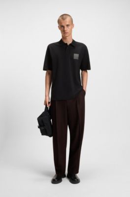 Relaxed-fit polo shirt in cotton with split logo, Black