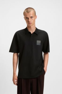 Relaxed-fit polo shirt in cotton with split logo, Black