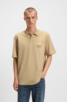 Relaxed-fit polo shirt in cotton with split logo, Beige