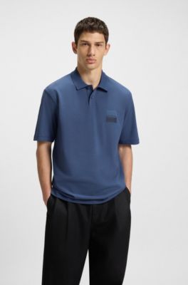Relaxed-fit polo shirt in cotton with split logo, Blue