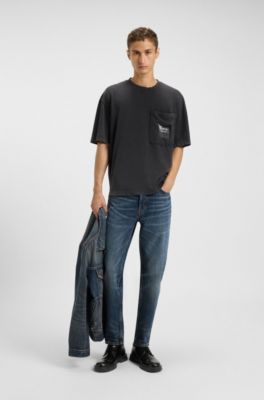 Cotton-jersey T-shirt with split logo, Black