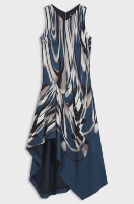 Printed-twill dress with asymmetric hemline, Blue Patterned