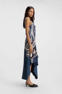 Printed-twill dress with asymmetric hemline, Blue Patterned