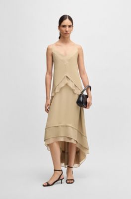 Layered satin dress with silk inserts, Beige
