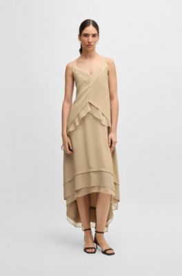 Layered satin dress with silk inserts, Beige