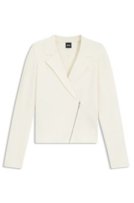 Knitted blazer with asymmetric front zip, White