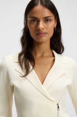 Knitted blazer with asymmetric front zip, White