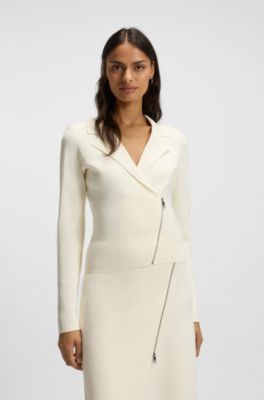 Knitted blazer with asymmetric front zip, White