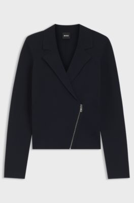 Knitted blazer with asymmetric front zip, Dark Blue