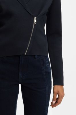 Knitted blazer with asymmetric front zip, Dark Blue