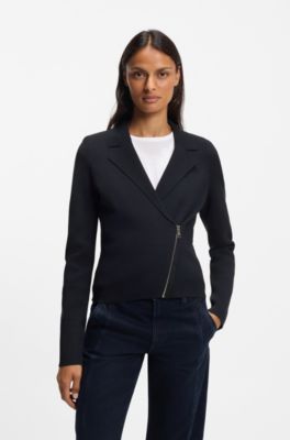 Knitted blazer with asymmetric front zip, Dark Blue
