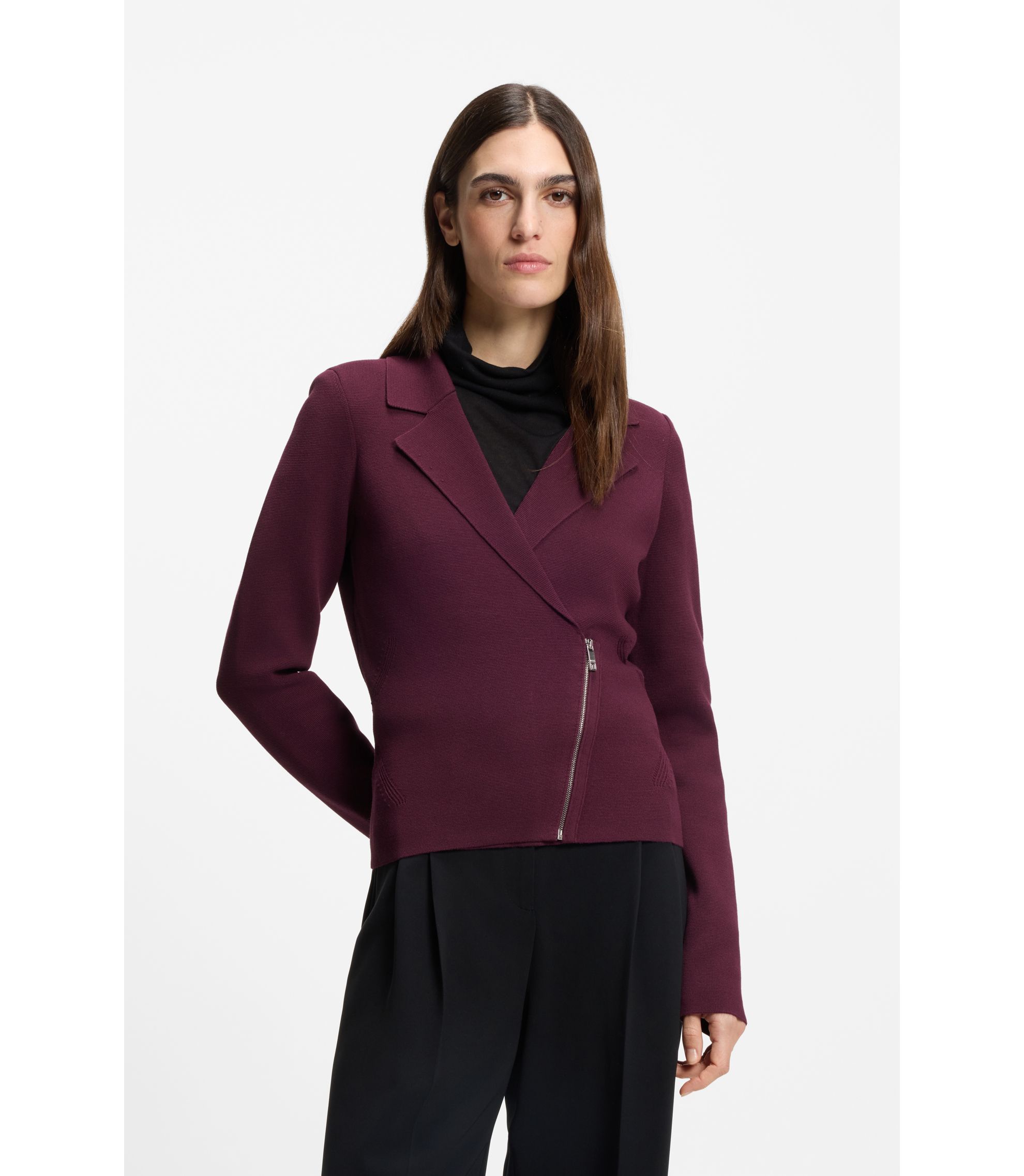 BOSS - Knitted blazer with asymmetric front zip - Dark Purple