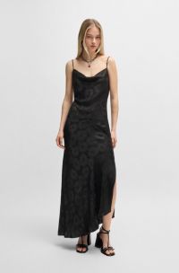 Jurk met bloemenjacquard en asymmetrische zoom, Zwart met dessin