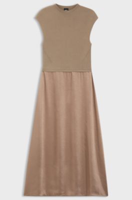 Knitted dress with satin skirt, Beige