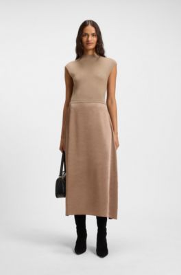 Knitted dress with satin skirt, Beige