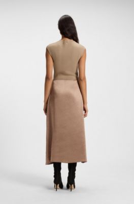 Knitted dress with satin skirt, Beige