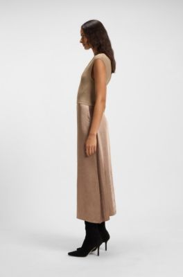Knitted dress with satin skirt, Beige