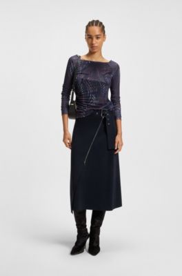 Belted skirt with faux zip, Dark Blue