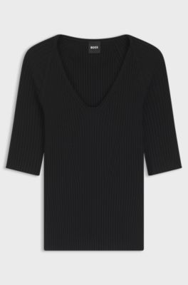 T-Shirt aus strukturiertem Strick mit tonalen Knopf-Details, Schwarz